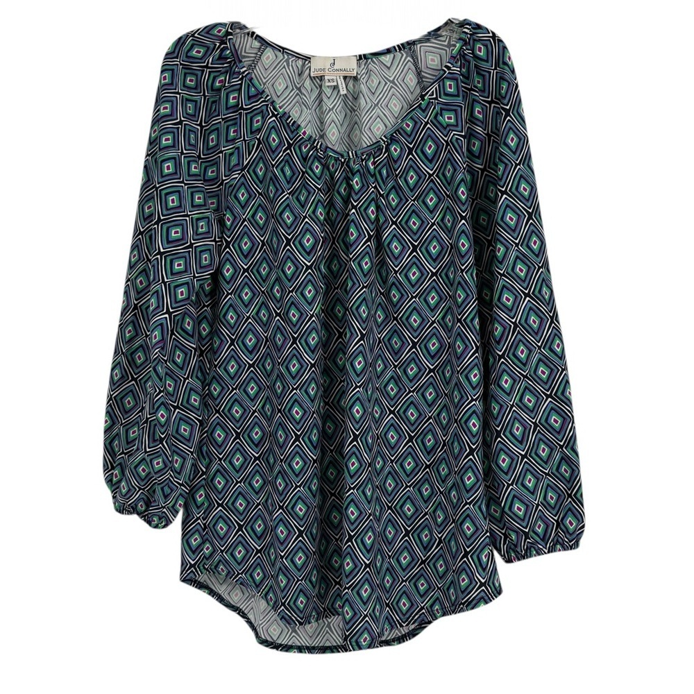 Jude Connally Blouse Top Womens Size XS Tunic Geometric Stretch 3/4 sleeves